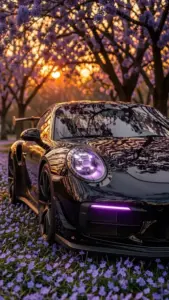 Góc máy thấp làm Porsche 911 nổi bật, thân xe trắng lướt qua hàng cây bên đường.