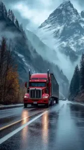 Chiếc Volvo FH màu xanh đứng nghiêng bên cao tốc, cabin cao sáng nhẹ dưới trời chiều bụi.