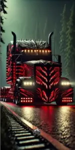 Chiếc Scania R Series màu đen lăn bánh qua khúc cua, thùng hàng dài phủ lớp bụi mỏng.
