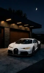 Đuôi xe Bugatti đỏ hiện rõ trong khung hình dọc, đèn hậu kéo dài như một nét sáng.