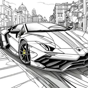 Chiếc xe mô hình Lamborghini được vẽ đơn giản, có bánh tròn lớn và thân xe gọn cho bé dễ tô.