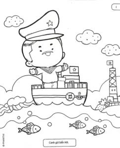 Tàu thủy nhỏ có lá cờ trên nóc, thân tàu chia mảng rõ để bé tô từng màu khác nhau.