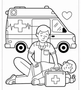 Cảnh chăm sóc sức khỏe được vẽ nhẹ nhàng với bác sĩ đứng cạnh bệnh nhân và chiếc xe chờ phía sau.