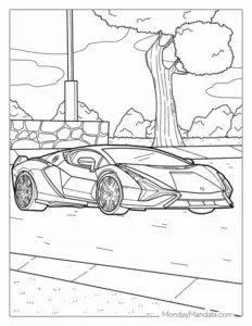 Bức tranh vẽ xe sang cho bé thể hiện xe Lamborghini đậu nghiêng, đầu xe sắc và đèn pha nổi bật.