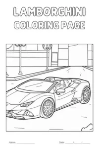 Trang hình xe Lamborghini chưa tô có bố cục thoáng, đường viền đậm và chi tiết đủ rõ cho trẻ quan sát.