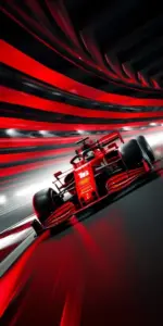Mặt trước Ferrari cam nổi bật trong khung hình hẹp, lưới tản nhiệt và hốc gió hiện rõ.
