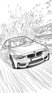 Một mẫu xe dáng Honda chạy trên con đường cong, cửa xe rộng, kính trước sáng và nền phố được vẽ rất gọn.