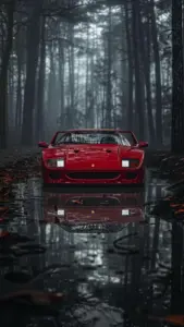 Cận cảnh đuôi Ferrari đỏ với ống xả kim loại, đèn hậu tròn sáng nhẹ trong buổi tối.
