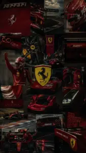 Khung hình hình nền xe Ferrari lấy từ bên hông, thân xe đỏ nổi lên giữa nền trời xám.