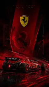 Trong hầm đỗ xe tối, chiếc Ferrari đen bật đèn trước, ánh sáng kéo dài trên nền bê tông.