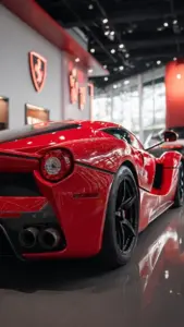 Một chiếc Ferrari trắng dừng bên bờ biển, cửa xe phản chiếu mặt nước và hàng cọ xa.