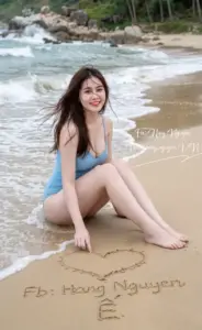 Màu nắng ban mai chạm lên bikini cam, tóc buộc cao làm gương mặt rạng rỡ