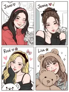 Ảnh Blackpink chibi mở dạng bốn ô chân dung với áo đỏ đen và biểu cảm tươi