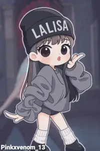 Nhân vật Lalisa chibi mặc hoodie xám đội mũ đen giơ tay chào trên nền tối