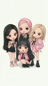 Nền trắng làm nhóm chibi nhỏ đứng cạnh nhau với váy đen hồng và tóc pastel