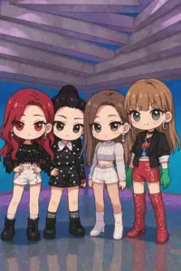 Góc vẽ idol nữ K-pop cho bốn cô gái đứng sát nhau với ủng đỏ nổi bật
