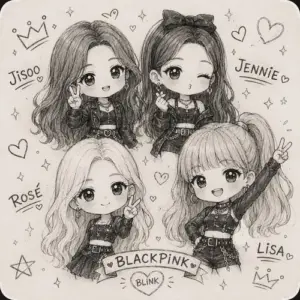 Bức phác thảo chì gom bốn nhân vật chibi bên vương miện và trái tim nhỏ xinh
