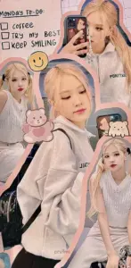 Khung ảnh collage tông kem ghi lại cô gái tóc vàng tạo dáng dễ thương cùng sticker đáng yêu
