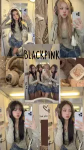 Tấm poster Blackpink ghép nhiều khung ảnh Lisa tóc vàng, trang phục đời thường và góc phòng ấm áp