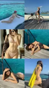Khung collage gom nhiều khoảnh khắc biển xanh, cô gái diện bikini vàng tạo dáng thư thái