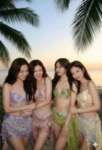 Bốn cô gái Blackpink đứng dưới tán cọ, trang phục biển pastel làm visual nhóm ngọt ngào