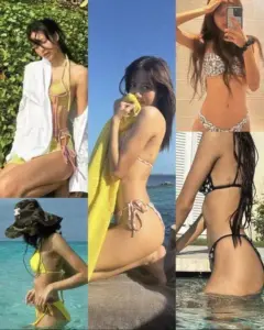 Ảnh ghép ghi lại nhiều pose cạnh hồ bơi, bikini vàng nổi bật trên nền nắng xanh