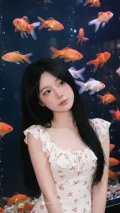 Giữa nền cá vàng rực, nàng mặc váy hoa trắng ngồi nghiêng với ánh mắt hiền
