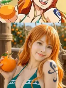 Cô gái tóc xanh cosplay Monet với đôi cánh trắng, ánh mắt sắc và bối cảnh tuyết lạnh phía sau