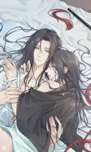 Bức boylove vẽ người tóc dài ôm người áo đen, nền trắng xanh tạo cảm giác ma mị