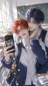 Cặp trai trẻ selfie trong căn phòng sáng, một người tóc đỏ cười nhẹ cạnh người tóc xanh