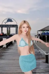 Bến gỗ resort gợi vibe DJ Mie với bikini xanh ngọc, tóc vàng, dáng mở tay