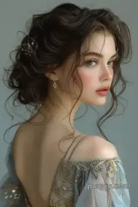 Cô gái tóc búi rối mặc váy trễ vai ánh bạc, quay nghiêng khoe nét mặt mềm dưới nền xám
