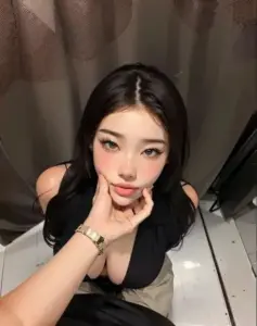 Bên mặt bàn đá, nàng chống cằm nhìn máy ảnh trong áo đen không tay