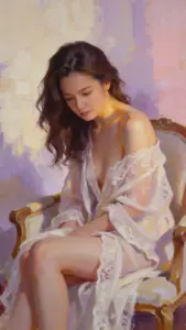 Nền phòng hồng nhẹ, mỹ nhân mặc váy ren trắng ngồi cúi mắt rất dịu