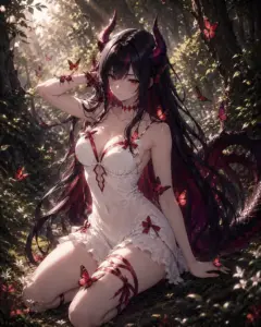 Trong vườn tối người đẹp anime tóc đen ngồi lặng với bikini đỏ đen, ánh mắt trầm