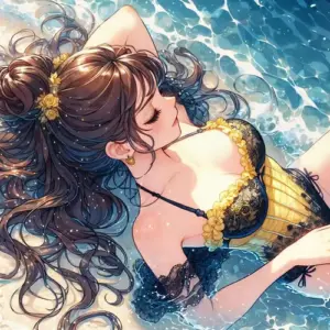 Làn nước trong veo bao quanh mái tóc nâu bồng bềnh, bikini vàng nổi bật dưới nắng