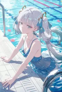 Bên mặt nước anime girl tóc bạc ngồi tựa thành hồ trong bikini sọc, má ửng hồng