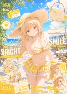 Poster mùa hè rực vàng ghi lại cô tóc vàng đội mũ, cười tươi trong bikini hoa