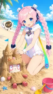 Cạnh lâu đài cát cô gái anime tóc hồng ngồi ngoan trong bộ đồ bơi trắng xanh
