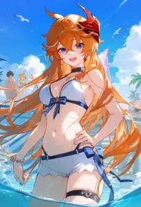 Giữa nền trời trong nàng tóc cam mặc bikini viền xanh, chống hông cười tự tin