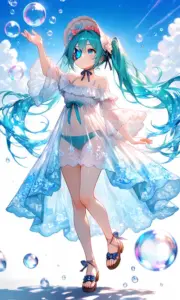 Ảnh gái xinh anime mặc bikini có tóc xanh ngọc, váy voan bay giữa bong bóng nước