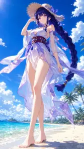 Trên bãi cát sáng waifu tóc tím đứng nghiêng trong bikini tím, mắt nhìn xa nhẹ nhàng