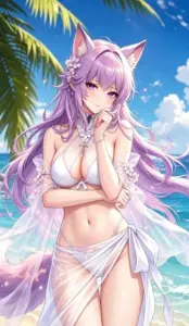 Dưới bóng dừa nhân vật tóc tím khoanh tay với bikini trắng, khăn voan buộc eo nhẹ