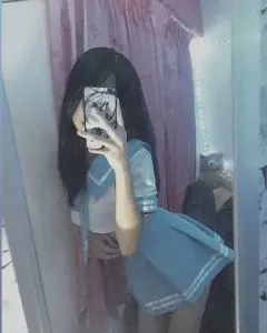 Trong gương, nàng cosplayer tóc đen che mặt bằng điện thoại, váy xanh tạo vẻ lạnh nhẹ