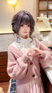 Chiếc cardigan hồng làm nàng tóc ngắn thêm hiền, pose trái tim hợp concept anime dễ thương