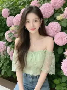 Thiếu nữ bên cẩm tú cầu mặc áo xanh nhạt tôn vóc dáng chuẩn và nụ cười