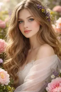 Cô gái tóc xoăn nâu đội vòng hoa, váy trắng xuyên sáng giữa vườn hoa hồng nhẹ nhàng