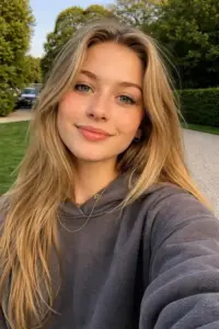 Tóc vàng dài phủ vai, cô gái mặc hoodie xám selfie ngoài vườn xanh với ánh mắt dịu