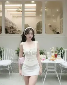 Khung hình quán cà phê tông kem ghi lại cô nàng váy trắng đứng tạo dáng dịu dàng
