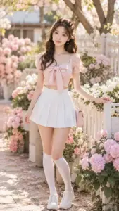 Vườn hoa sáng, ảnh gái xinh mặc pinky phối áo hồng và váy trắng thật trong trẻo